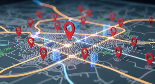 Interactive digital map with vibrant red location pins, illustrating route planning, local business discovery, and advanced GPS navigation.