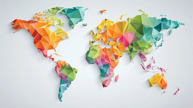 A vibrant polygonal world map on a neutral background represents global connection.