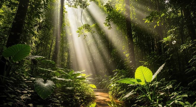 Sunlight filters through dense forest foliage illuminating lush greenery and a serene forest path