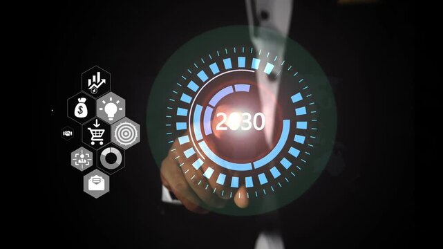 Futuristic Interface with 2030 Vision, Person in a suit pointing at a futuristic digital interface displaying 2030
