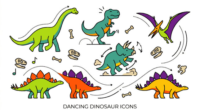 Dancing dinosaurs icons depict colorful creatures moving playfully outdoors with bones