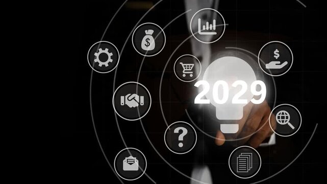 Futuristic Business Vision for 2029, Person in a suit pointing at a digital interface with a lightbulb icon and the year 2029