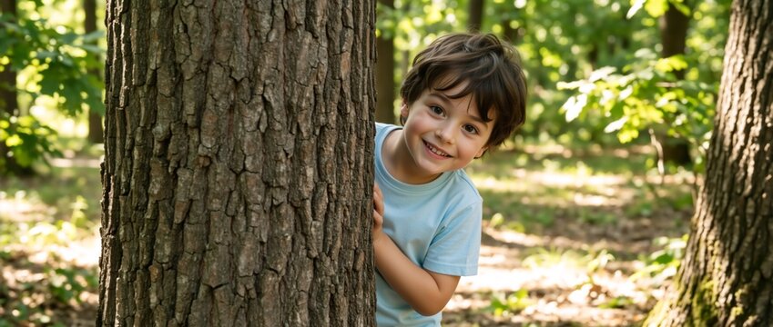 Young boy peeking from behind a tree trunk in the forest. Happy child playing hide and seek in the woods. Nature exploration and curiosity concept