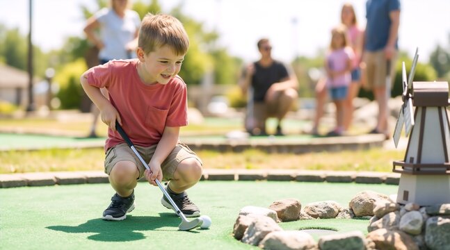 Happy young boy crouching with putter on miniature golf course. Smiling child playing mini golf while family watches in background. Outdoor summer leisure activity