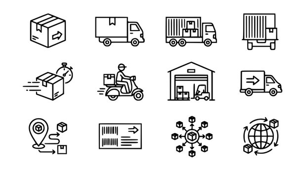 SEO Title
Delivery and logistics outline icon set with parcel transport express shipping symbols editable stroke vector collection