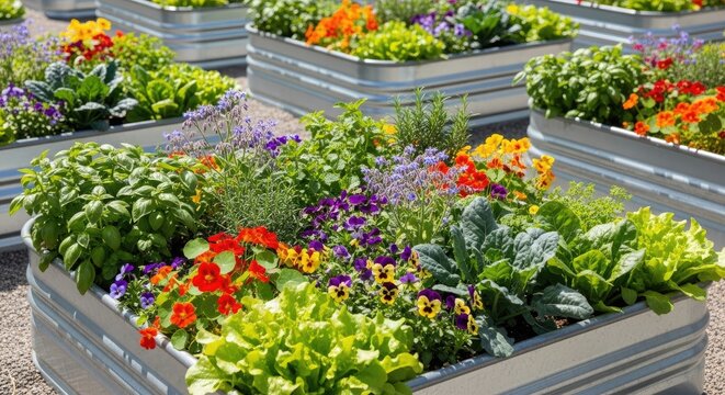 A vibrant garden filled with a variety of plants and flowers, including marigolds, sunflowers, and zinnias, set against a backdrop of lush green grass and a clear blue sky.
