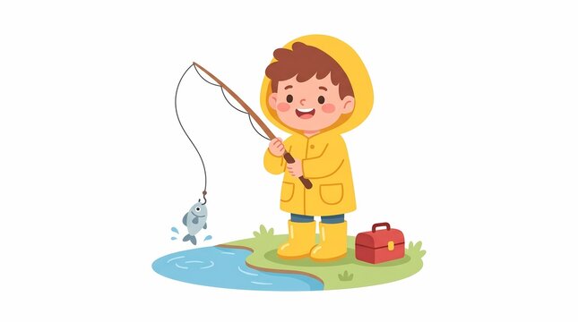 Cute little boy fishing cartoon illustration in yellow raincoat