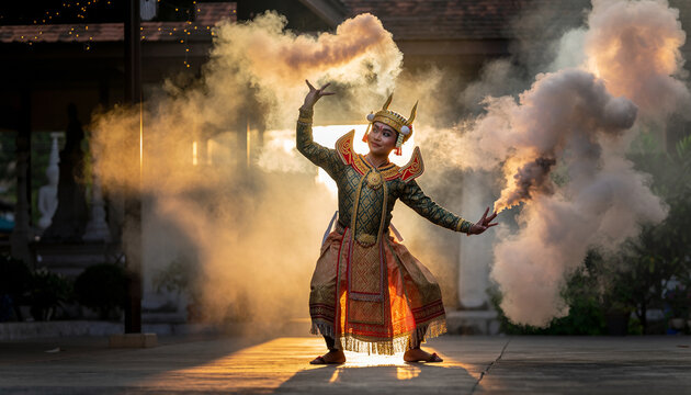 A performer in traditional attire dances with smoke effects in the background.