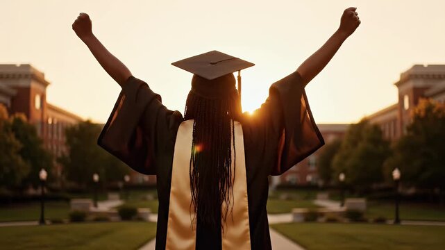 Graduate celebrating achievement outdoors with arms raised in victory during sunset on university campus with historic buildings and lush green trees