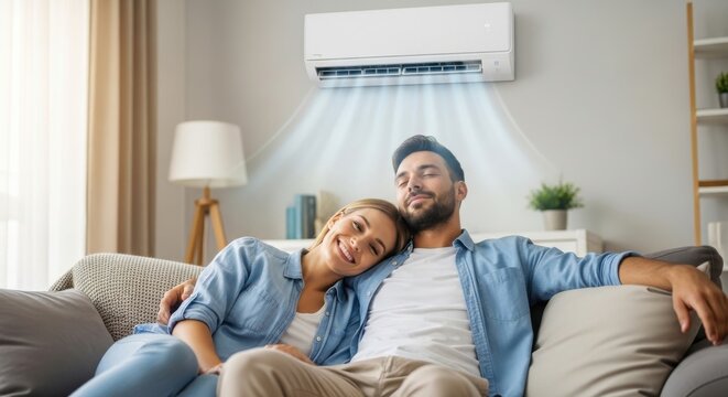 Happy young couple relaxing comfortably on sofa under cool refreshing air conditioner breeze in their modern living room.