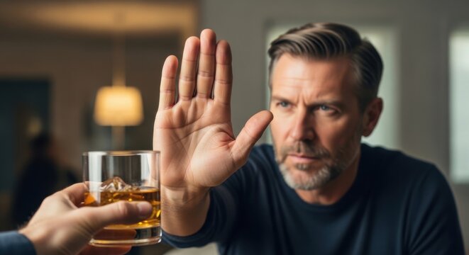 Man firmly refusing alcoholic drink, symbolizing sobriety, healthy lifestyle choices, and personal commitment to addiction recovery. Wellness and self-control.