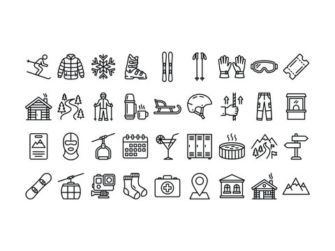 Collection of black line icons related to skiing and winter sports and activities  various symbols