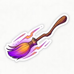 Obraz premium Magical Flying Witch Broomstick with Purple and Orange Glowing Energy Effects.