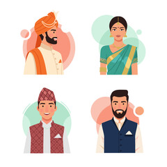 Obraz premium Set of diverse people in traditional clothing, Indian groom in turban, woman in sari, Nepali man, and man in kurta, flat vector illustration