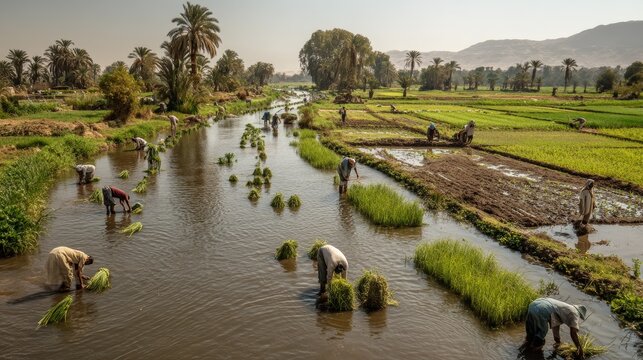 As the Nile overflows, rich soil feeds green fields while farmers plant and harvest together, relying on the river&rsquo;s gifts to sustain the land and keep life&rsquo;s cycle alive.
