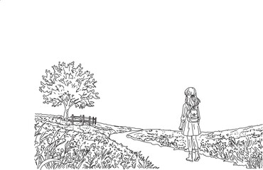 Black and white line art illustration of a young girl wearing a backpack. She stands on a winding path looking at a peaceful landscape with a large leafy tree, lush grass, and a wooden fence. © M. Faisal Riza
