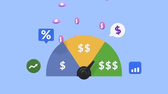 Animated money meter indicator representing profit increase, financial growth, and economic progress. Ideal for finance, investment, savings, and business analytics visual concepts.