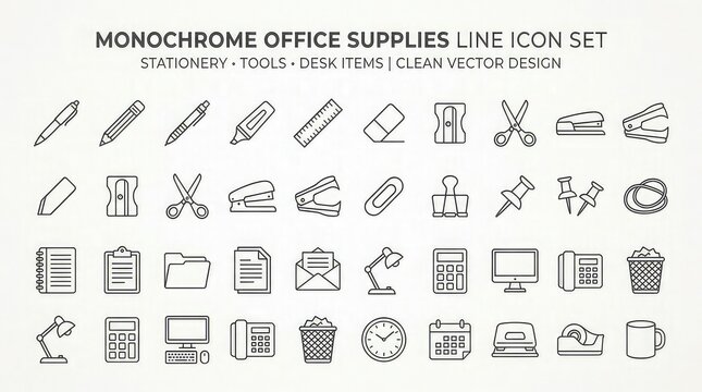 Monochrome office supplies line icon set including stationery tools and desk items in clean vector design