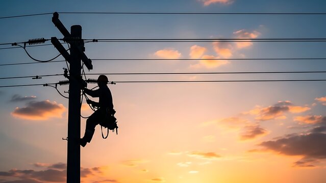 Lineman working on power lines at sunset with a beautiful sky