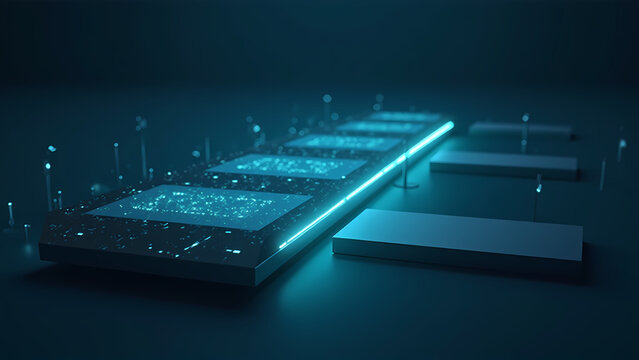 Abstract zero-trust hardware network segmentation with brushed titanium platforms and electric cyan laser barriers