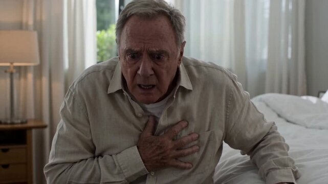 Elderly Man Experiencing Sudden Chest Pain and Discomfort in Bedroom, Possible Heart Attack Symptoms.