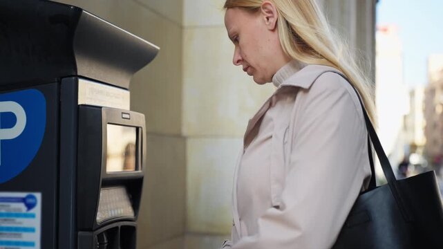 Blonde woman paying for her car parking time using a payment terminal and a credit card on a city street, showcasing urban convenience and modern technology