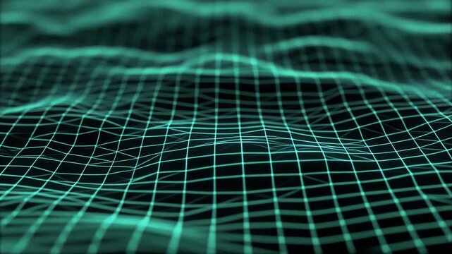 Abstract 3D grid mesh with wave‑like surface, symbolizing data visualization, mathematical structures, and digital network representation.