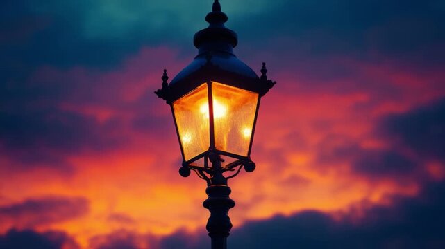 Captivating Street Lamp Illuminates Colorful Sunset Sky Creating Warm Atmosphere for Urban Scenes and Nightlife Experiences. Generative AI