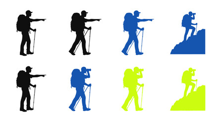 Fototapeta premium Silhouette hikers with backpacks and trekking poles, pointing direction, blue and green