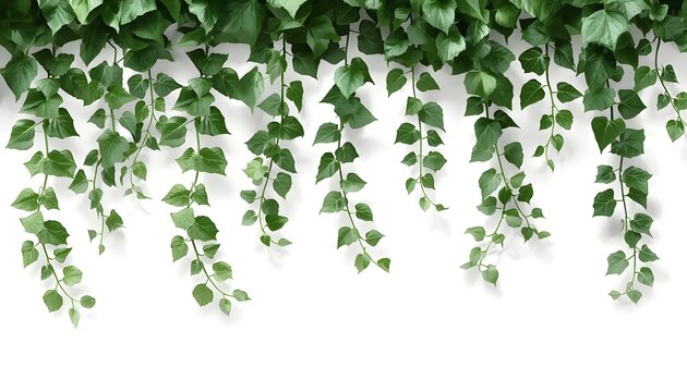 Hanging ivy with green leaves isolated on white, decorative cascading foliage.