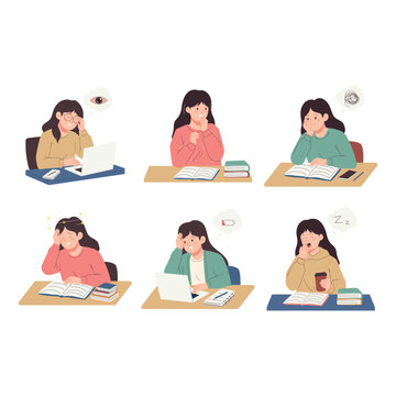 Common Student Problems Flat Illustrations Set