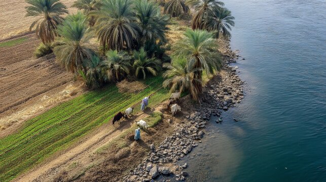 As the Nile overflows, rich soil feeds green fields while farmers plant and harvest together, relying on the river&rsquo;s gifts to sustain the land and keep life&rsquo;s cycle alive.