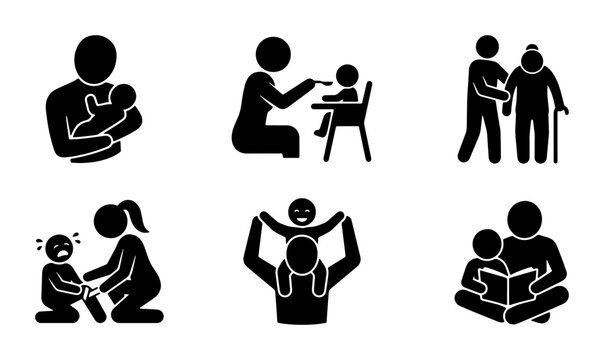 Family Life Icons: Parenting, Childcare, and Generations, 6 Vector Symbols for Human Connection and Support
