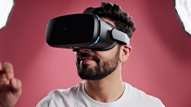 Man wearing virtual reality headset exploring immersive digital environment engaging with virtual reality technology in modern studio setting