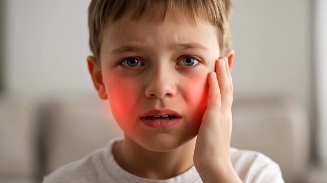 Young boy suffering from severe toothache, holding his cheek with a pained expression, highlighting dental pain and discomfort.