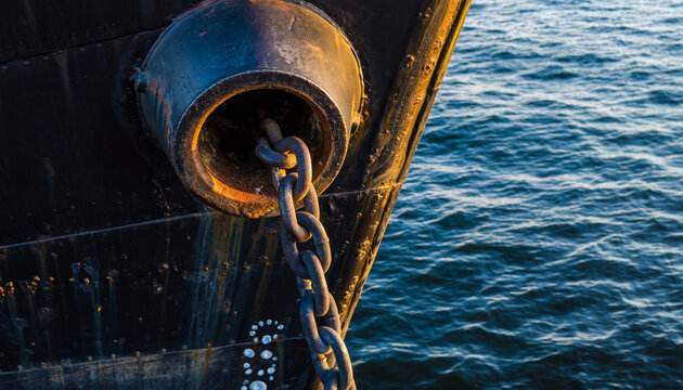 Close-up of a ship's anchor chain attached to the hull.