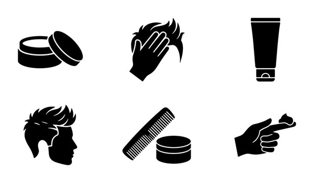 Men's Hair Styling Products and Tools Icons, Grooming Essentials Vector Set, Styling Wax, Gel Tube, Comb, and Hand Application