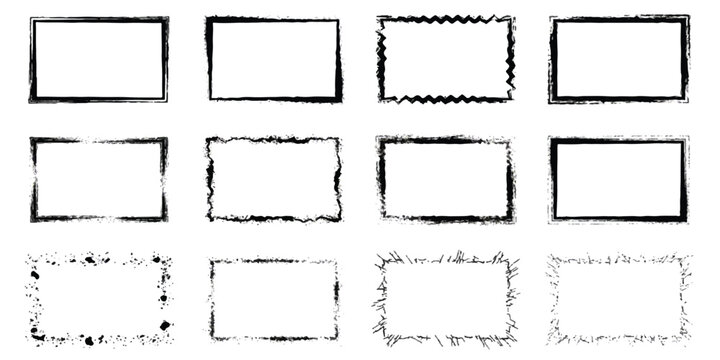 Set of various hand drawn ink brush rectangle frames and border designs for artistic projects