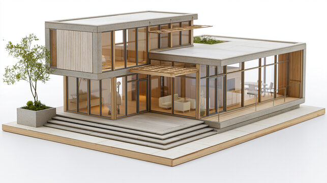 A modern architectural model of a sleek, contemporary house with large glass windows