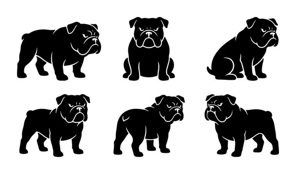 Bulldog Vector Icons Set, Silhouette Canine Poses, Graphic Dog Breed Illustrations, Black and White Animal Graphics
