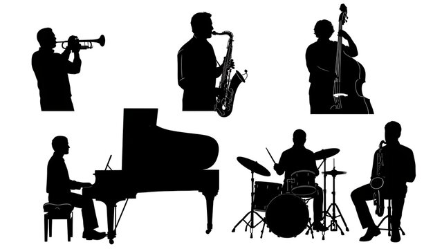 Silhouettes of a jazz band performing with a piano drums saxophone trumpet and bass