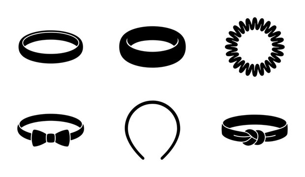 Black Silhouette Hair Accessories Collection, Headbands, Scrunchies, Bow Ties, and Knotted Bands Vector Icons, Simple Line Art for Styling and Fashion Design