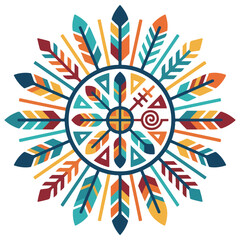Circular native american mandala design with feathers and geometric shapes flat design folk art © Nisha