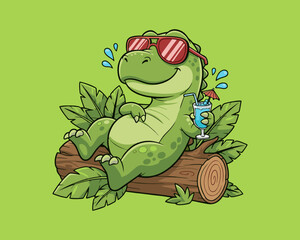 Relaxing Dinosaur with Cocktail Illustration © Qodier Ace