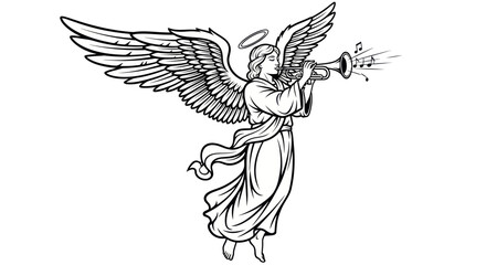 Angel blowing trumpet with wings and halo, illustration © Biru