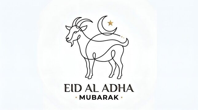 Minimalist line art goat and crescent moon for eid al-adha mubarak celebration with kurban bayrami