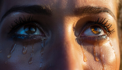 Naklejka premium Close-up of a woman's eyes with tears streaming down her face.