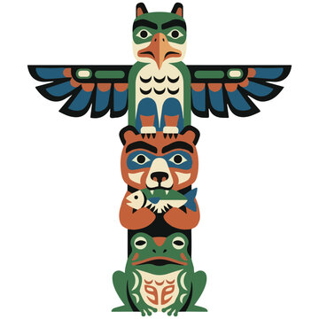 Indigenous totem pole with carved figures of an owl bear frog indigenous art native american