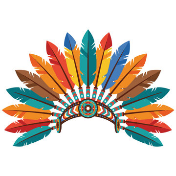Traditional feather headdress with numerous colorful plumes and intricate tribal patterns, headdress