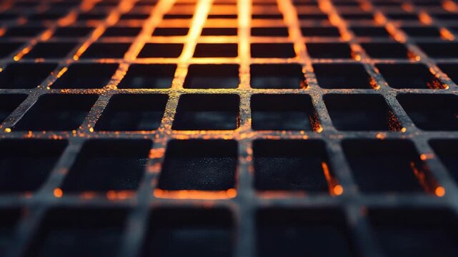 Close view of a grid surface at night. Light reflects off the metal surface. The setting shows urban elements. The focus remains on the texture and light interplay